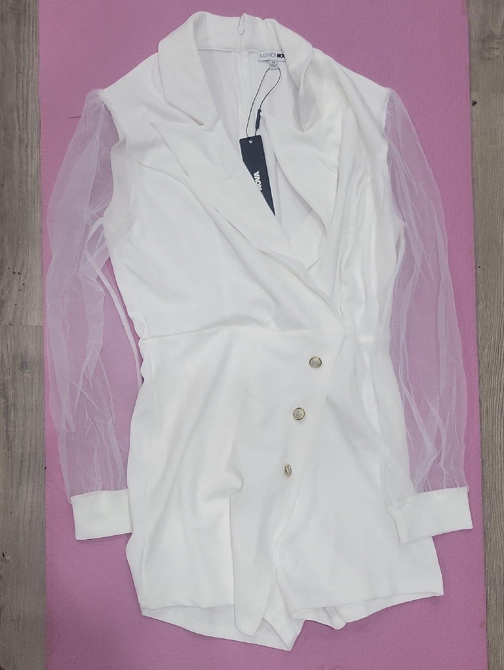 Elegant White Blazer Romper with Sheer Sleeves